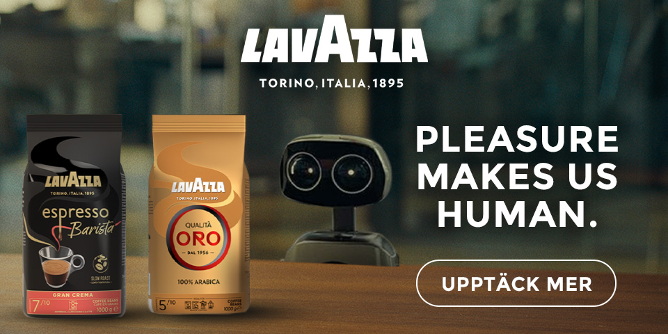 Annons från Lavazza med budskapet Pleasure makes us human, Lavazza Torino, Italia, 1895. Upptäck mer.