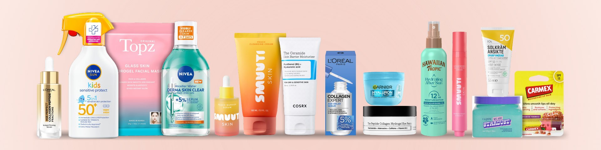 Hudvårdsprodukter och solskydd från olika varumärken, bland annat serum, ansiktsmask, rengöring, fuktkräm, solkräm, after sun, ögonpatches och läppbalsam med texten “Klicka för att handla.”