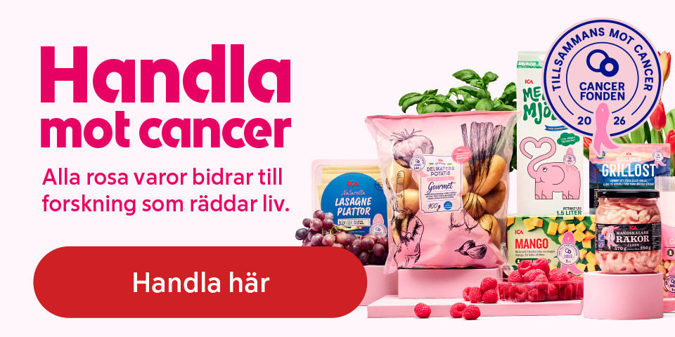 Rosa varor som druvor, mjölk, grönsaker, räkor, nötter, tomater, tulpaner och ägg med texten ”Handla mot cancer. Alla rosa varor bidrar till forskning som räddar liv.” samt ”Tillsammans mot cancer Cancerfonden 2026” och ”Handla här”. Klicka för att handla.