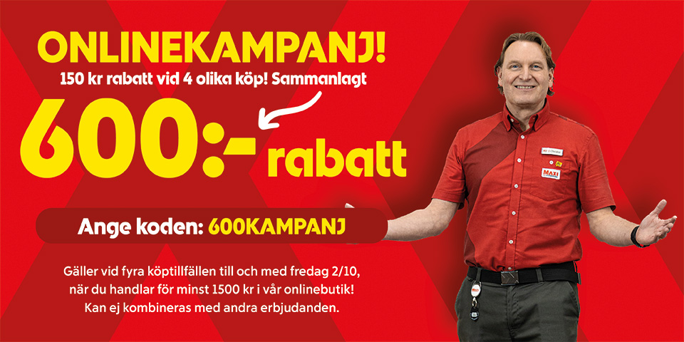 Medarbetare vid kundvagnar. Onlinekampanj: 150 kr rabatt vid 4 olika köp, sammanlagt 600 kr rabatt. Ange koden 600KAMPANJ. Gäller t.o.m. fredag 2/10, vid minst 1500 kr i onlinebutiken. Kan ej kombineras med andra erbjudanden. 