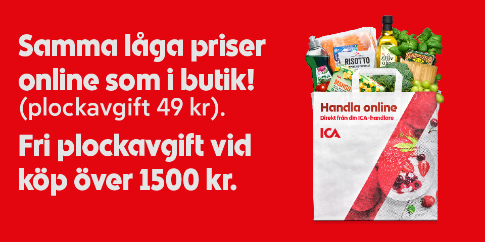 Kasse med matvaror som grönsaker, risotto, olivolja och frukt. Text: ”Samma låga priser online som i butik! (plockavgift 49 kr). Fri plockavgift vid köp över 1500 kr.”