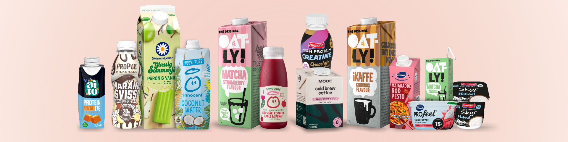 Olika drycker och mejeriprodukter, bland annat proteinshakes, havredryck, kokosvatten, smoothies, iskaffe, matgrädde och yoghurt från varumärken som Aito, Skånemejerier, Innocent, Oatly, Ehrmann, Mode och Valio, med texten “Klicka för att handla.”