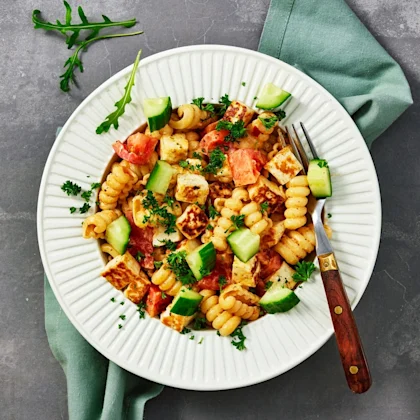 Pasta pesto med halloumi