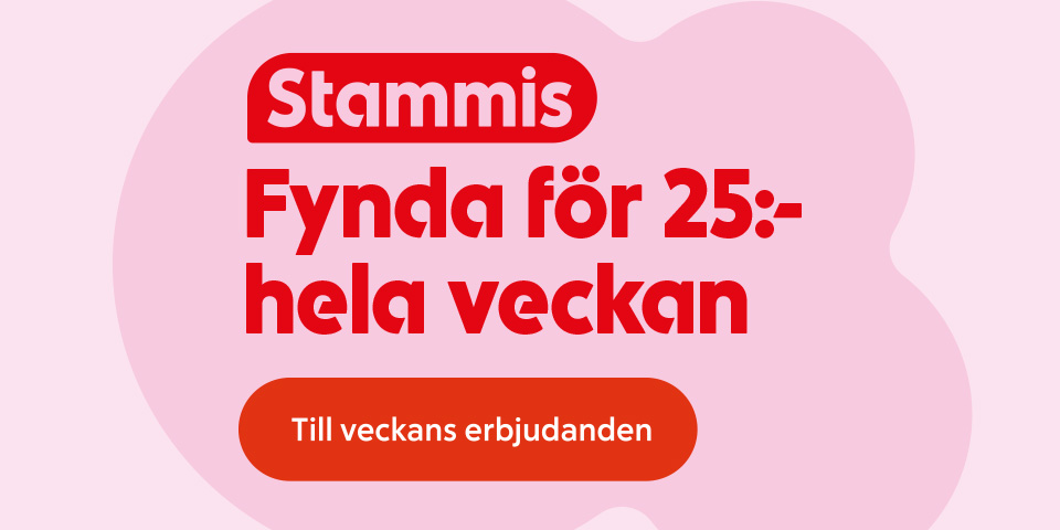 Rundad etikett med ordet Stammis ovanför större kampanjtext, med texten “Stammis Fynda för 25:- hela veckan”. Klicka för att handla.