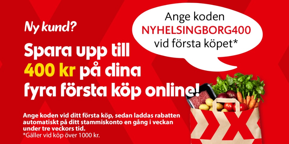 Ny kund - spara upp till 400 kr på dina fyra första köp online med koden NYHELSINGBORG400 vid första köpet