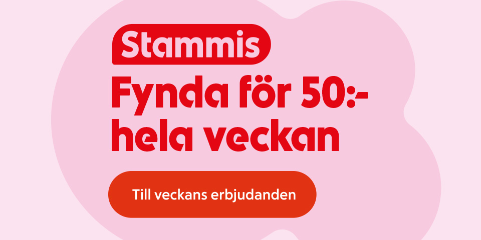 Rundad etikett med ordet Stammis ovanför texten “Fynda för 50:- hela veckan” samt en knapp med texten “Till veckans erbjudanden”. Klicka för att se veckans erbjudanden.