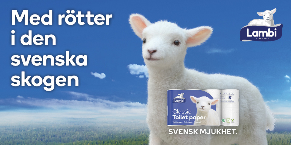 Annons från Lambi med budskapet Med rötter i den svenska skogen. Lambi Svensk mjukhet.
