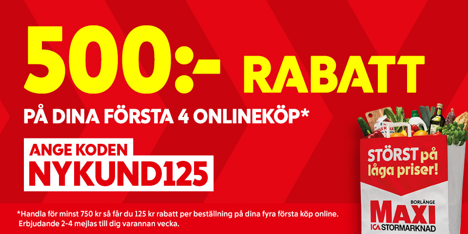  Störst på låga priser! 500:- rabatt på dina första 4 onlineköp. Ange koden NYKUND125. Handla för minst 750 kr så får du 125 kr rabatt per beställning på dina fyra första köp online. Erbjudande 2–4 mejlas till dig varannan vecka.