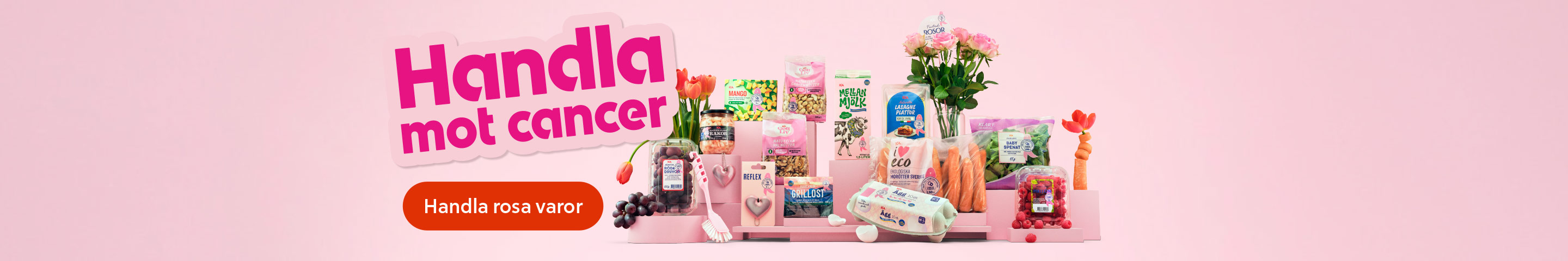 Olika Rosa Bandet-märkta varor, bland annat frukt, grönsaker, ägg, blommor och mejeriprodukter, med texten "Handla mot cancer". Klicka för att handla rosa varor.