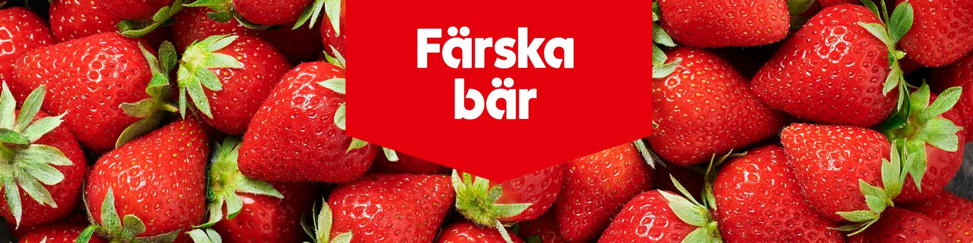 Färska jordgubbar med texten "Färska bär".