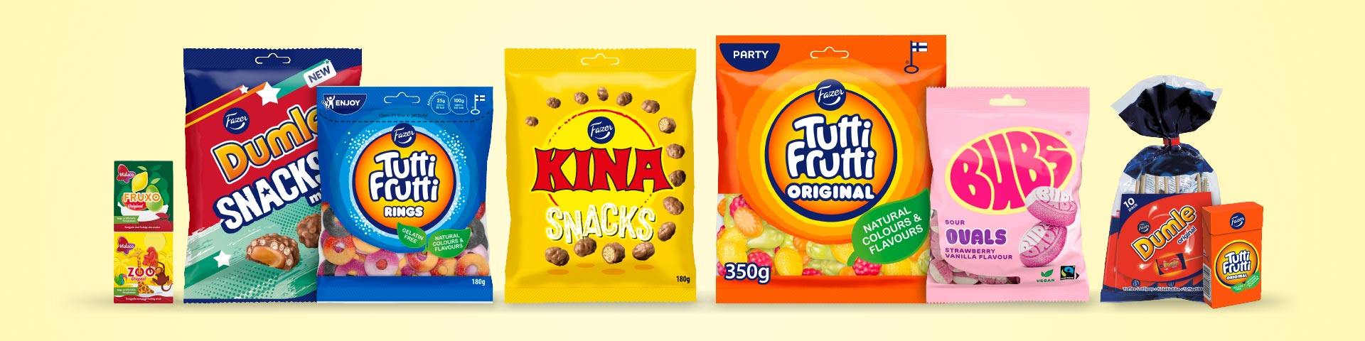 Olika godissorter från Fazer och Malaco, bland annat Dumle Snacks, Tutti Frutti Rings, Kina Snacks, Tutti Frutti Original, Bubs, Dumle original och Tutti Frutti ask. Klicka för att handla till påskägget.
