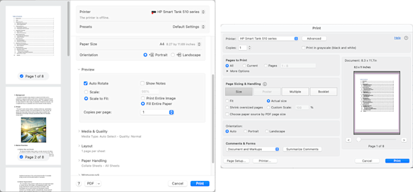 Two examples of print dialog boxes for enlarging PDFs for printing