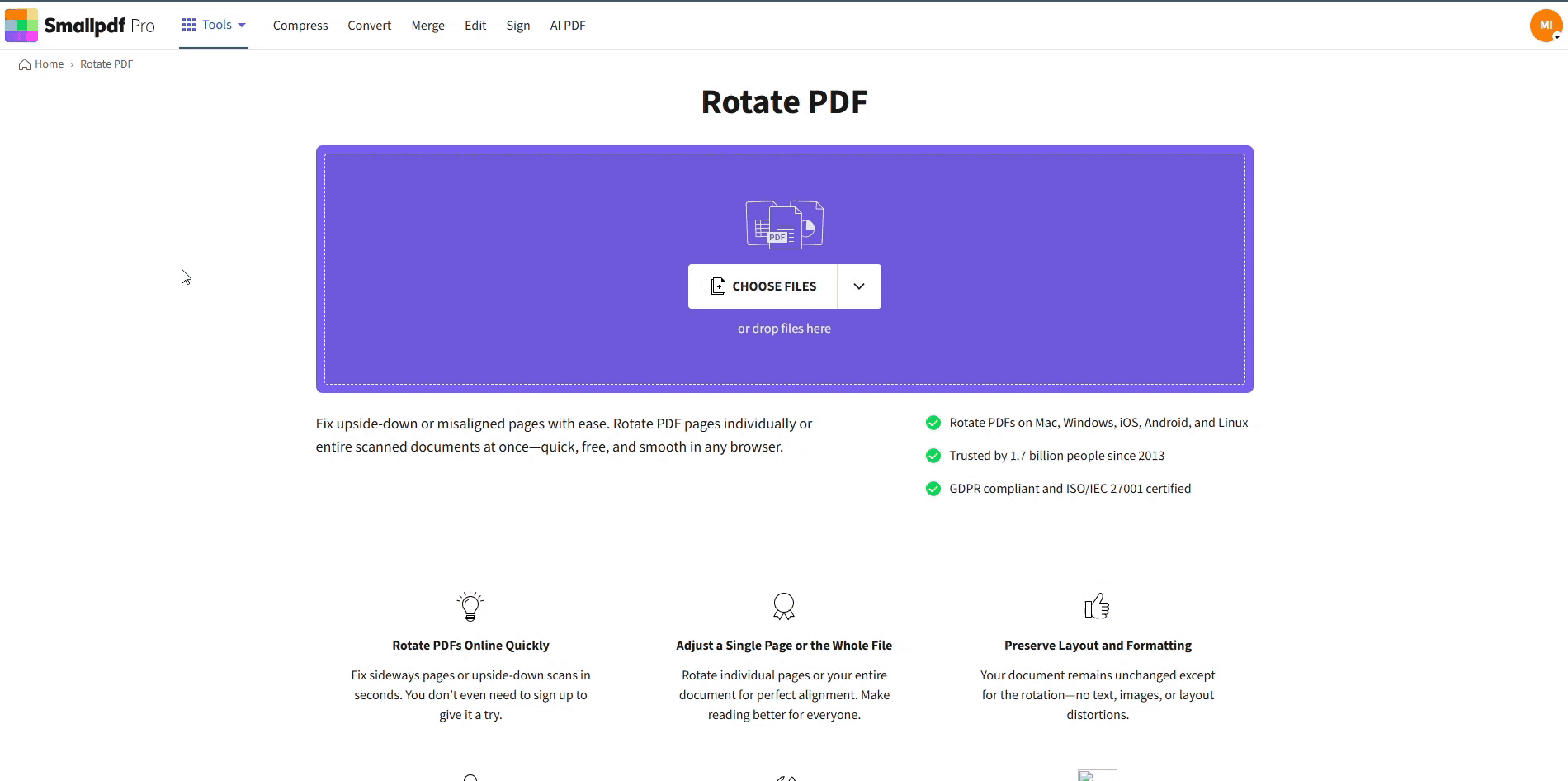 Rotate a PDF page online with Smallpdf