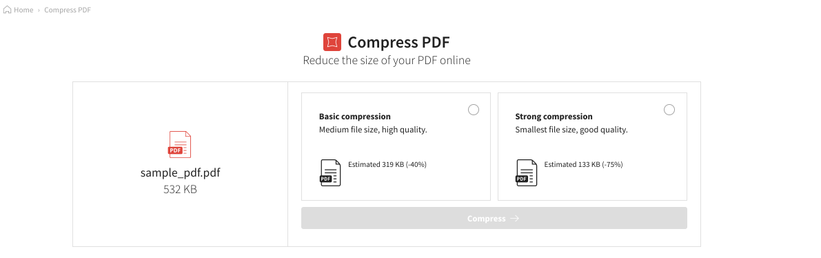 Compression options of Smallpdf