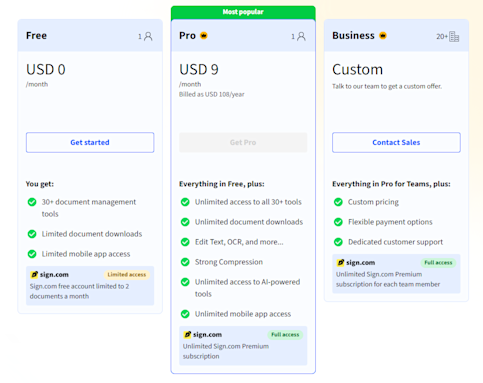 Smallpdf pricing page overview