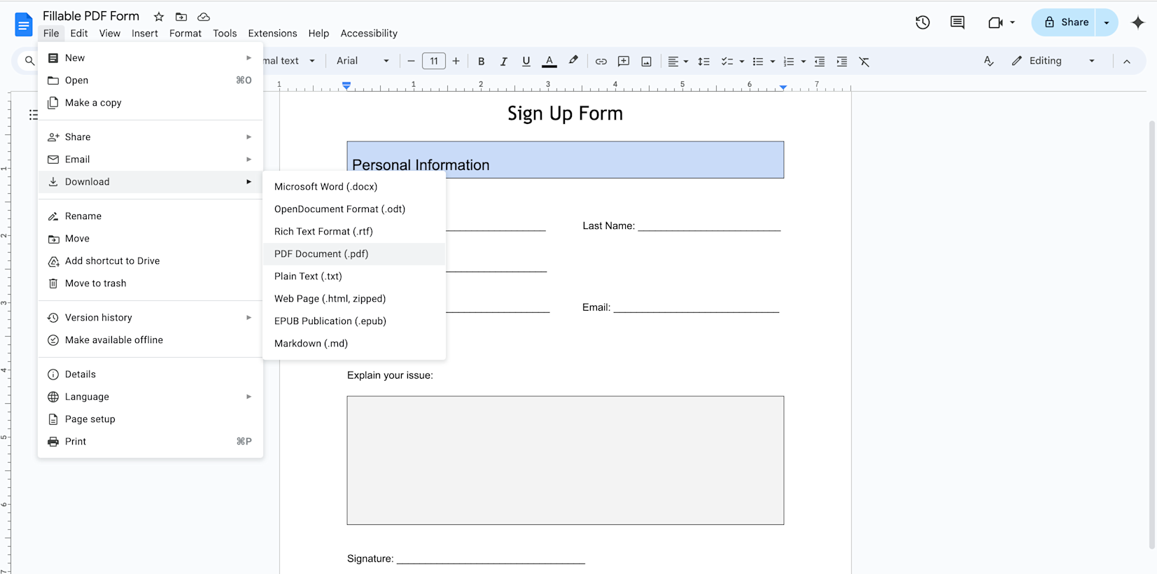 Fillable PDF in Google Doc