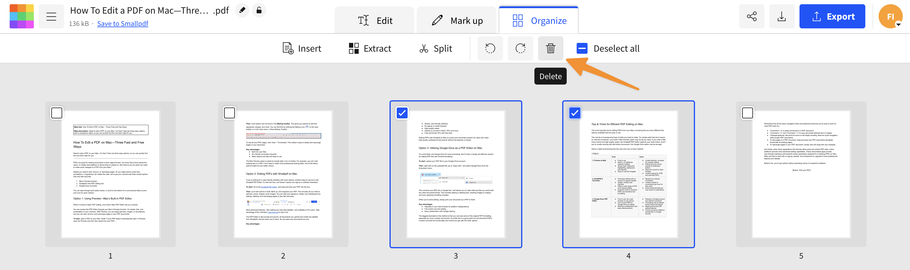 Deleting pages from a PDF with Smallpdf