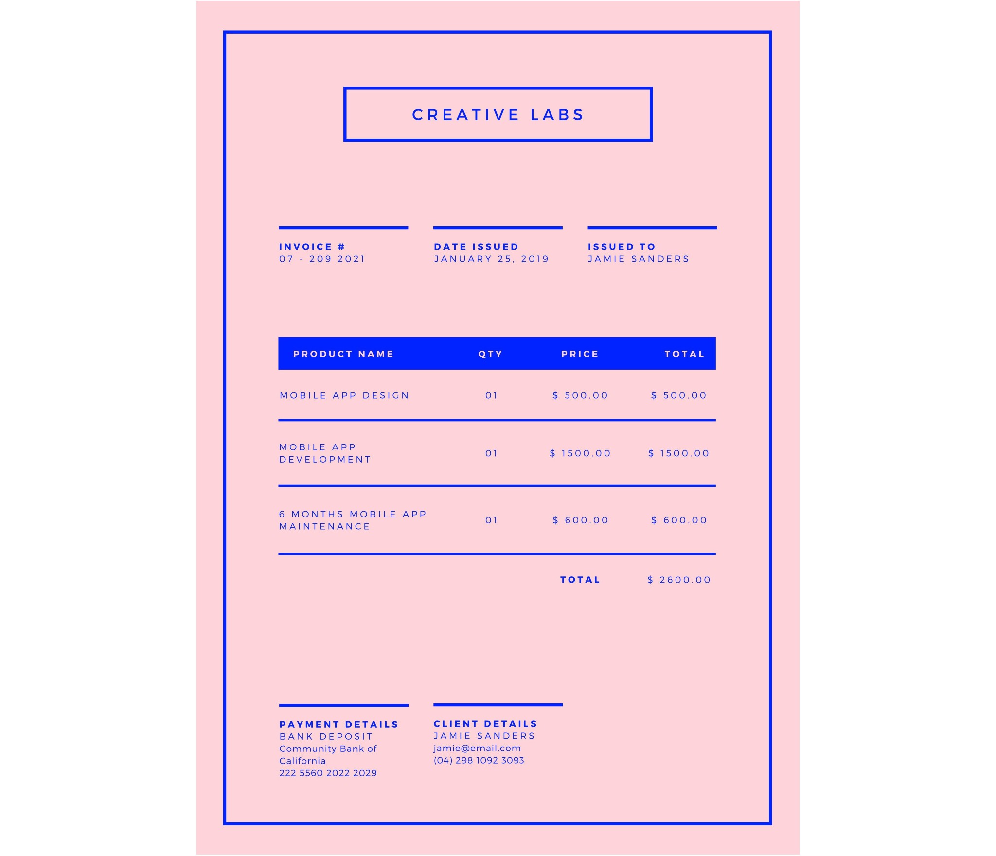 Pink and Bright Blue Minimalist Business Invoice
