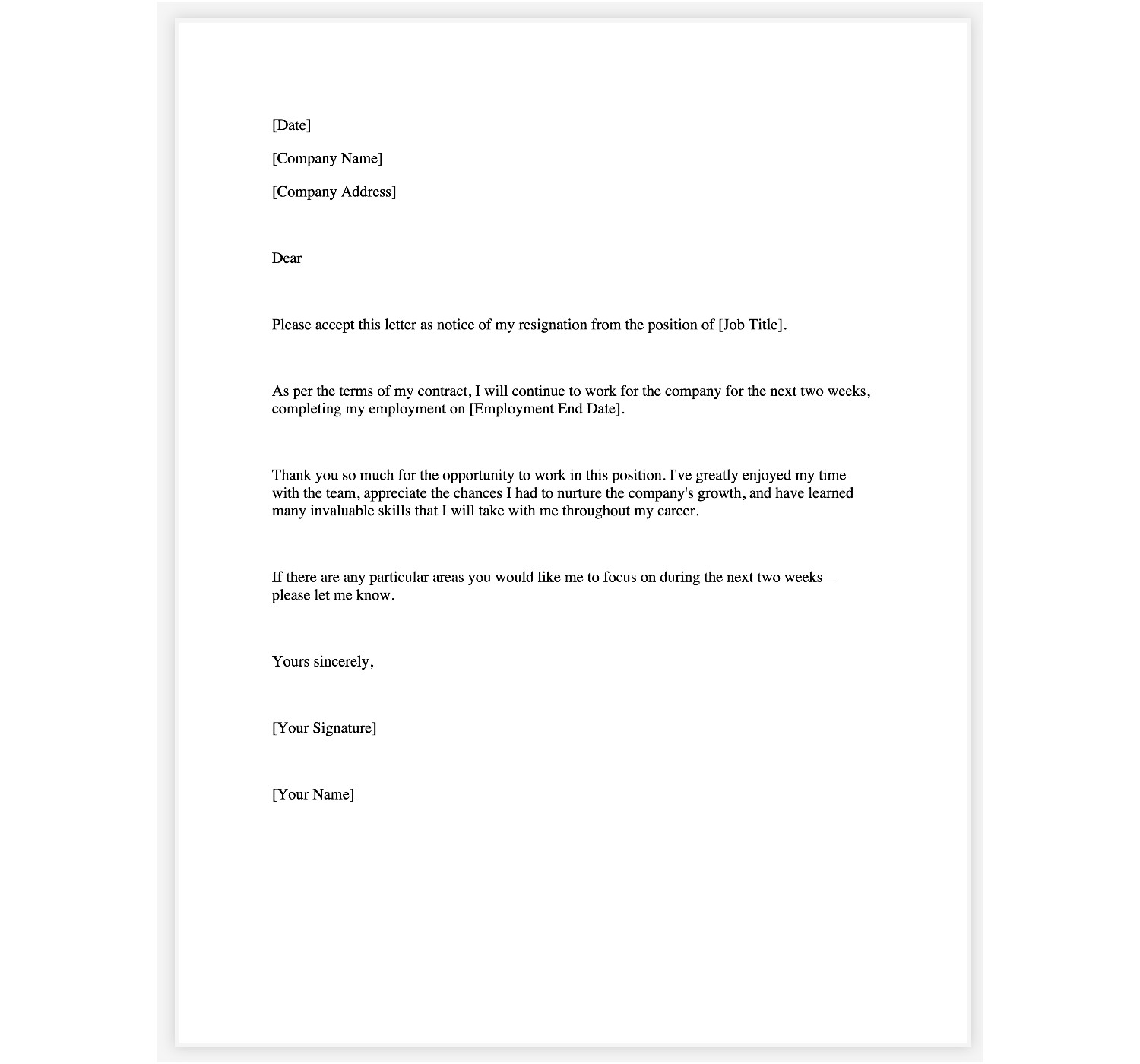 2 weeks notice letter