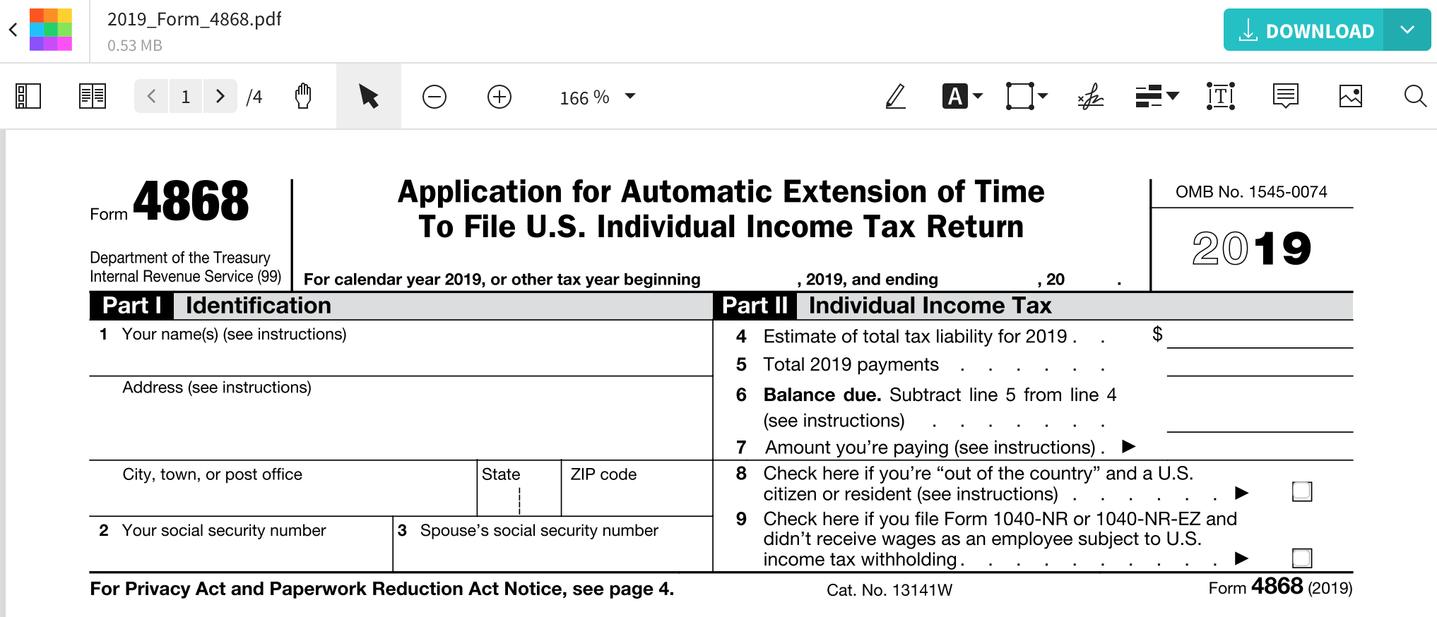 2023 Irs Form 4868 Printable Forms Free Online