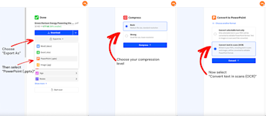 Smallpdf Compress tool interface showing how to export as PPTX
