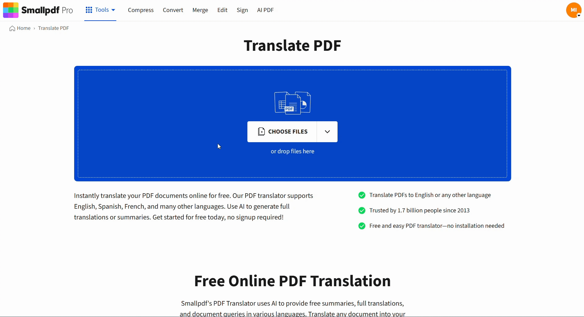 Translate a PowerPoint document for free with Smallpdf