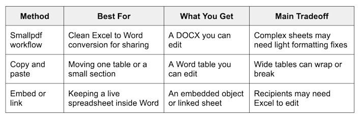 Excel to Word conversion options