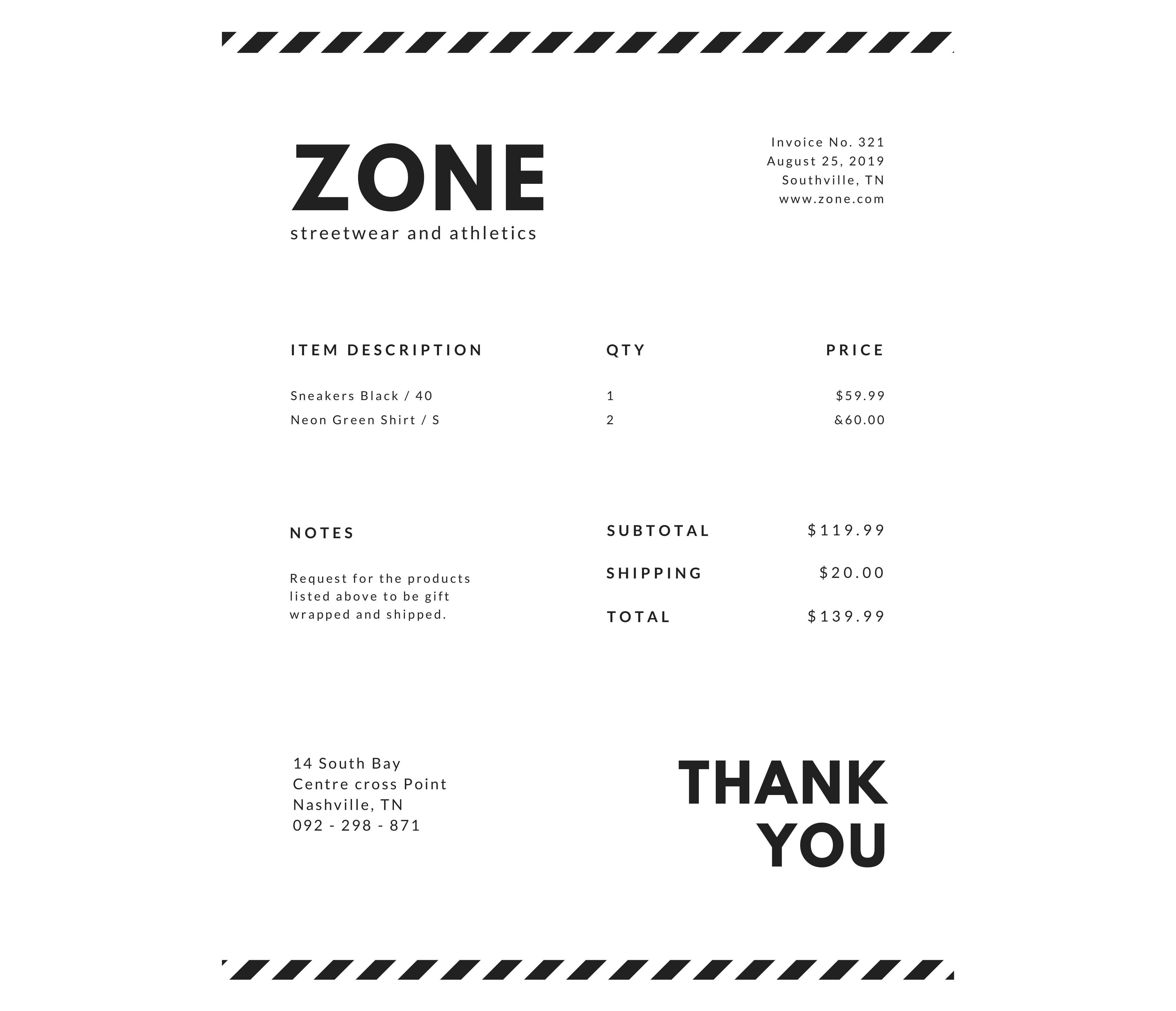 Black and White Zigzag Lines Invoice Letterhead