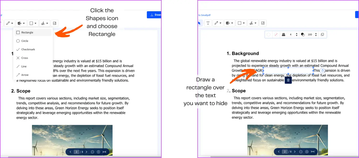 Drawing a rectangle over text to white out a PDF