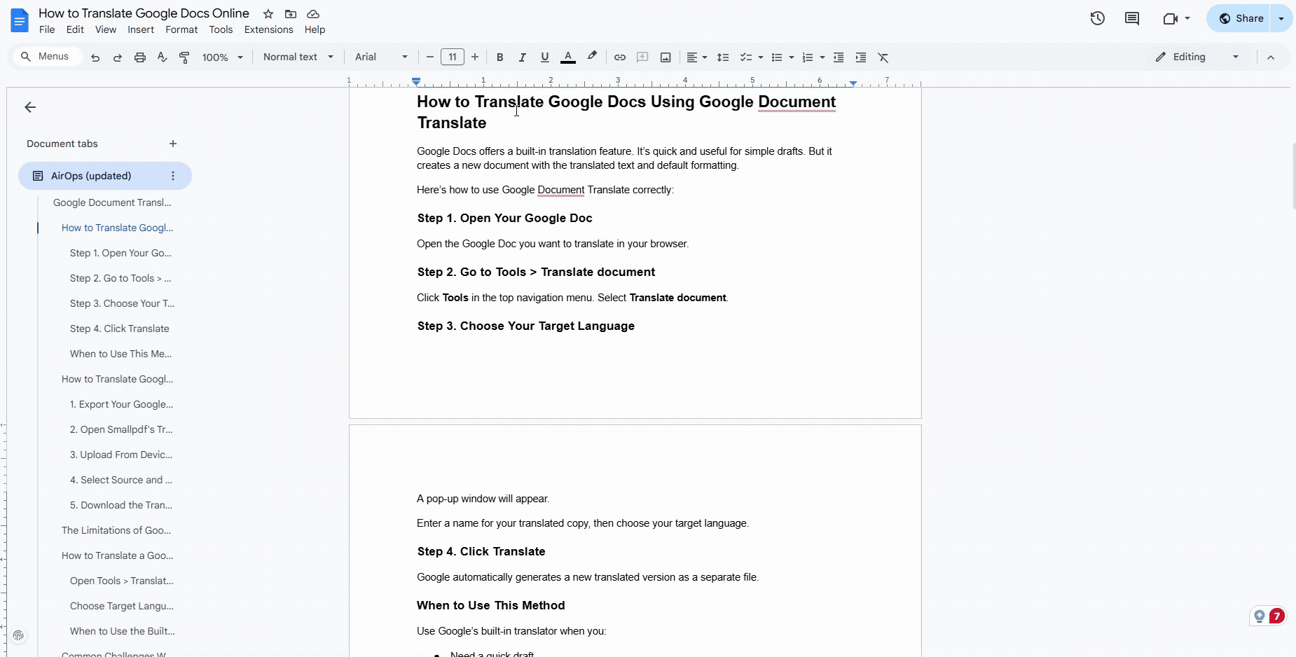 Translate Google Docs With its built-in Feature