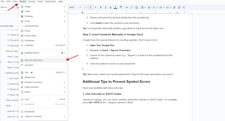 Insert Symbols Manually in Google Docs