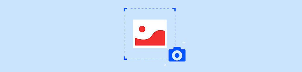 Illustration of a red image thumbnail with a blue camera icon on a light blue background, representing taking a screenshot
