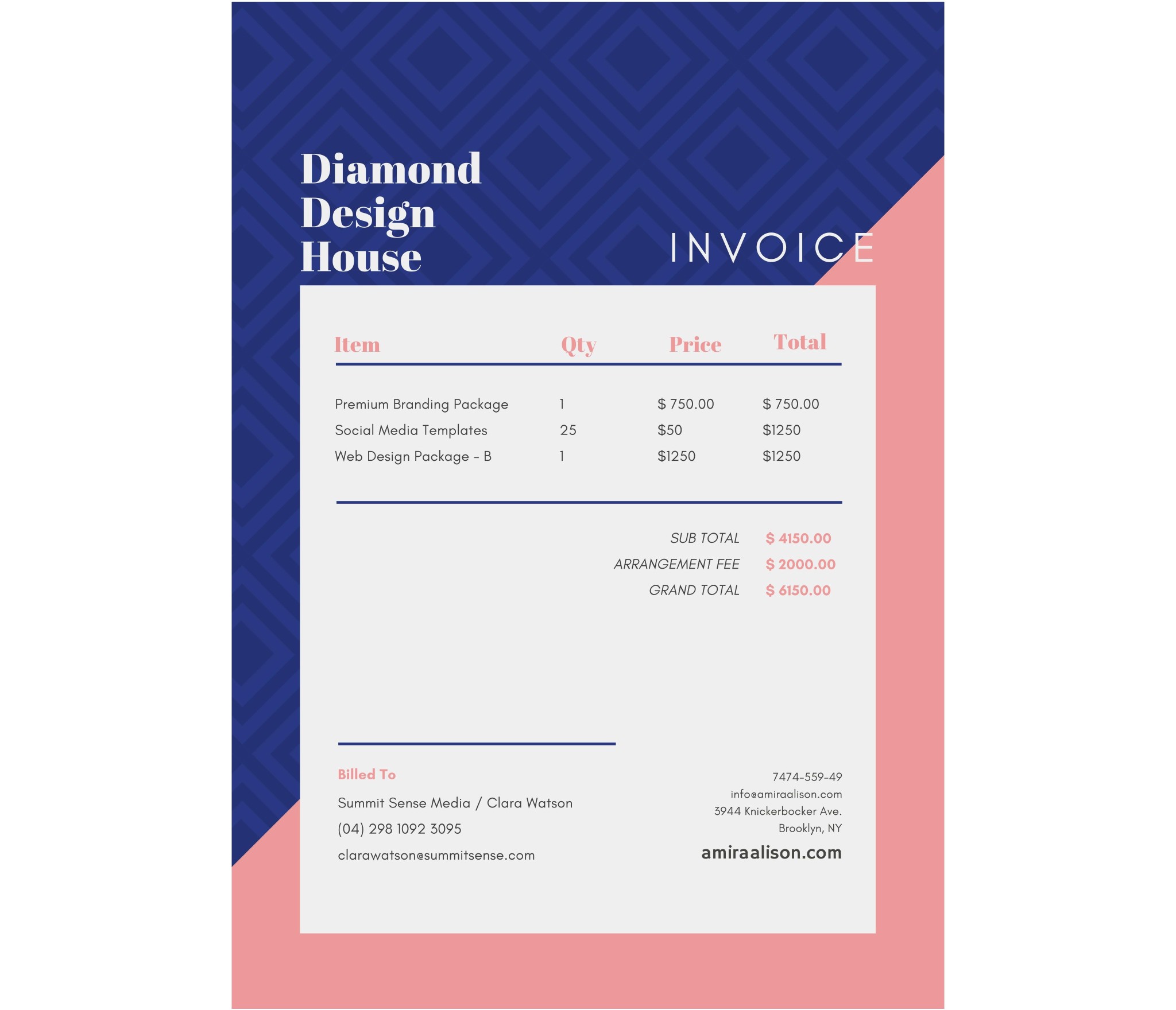 Pink and Blue Diamond Invoice Letterhead