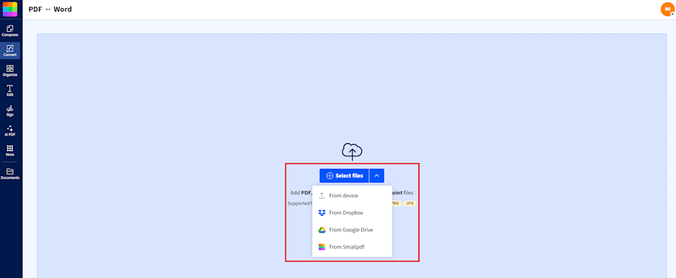Drag and drop your PDF file directly into the drop area. Alternatively, hit the “Select File” button and select the document from your device or cloud storage (Dropbox or Google Drive).