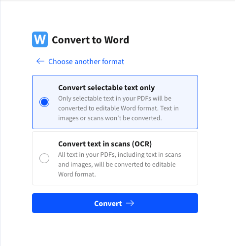 Option for converting text in images to an editable Word document