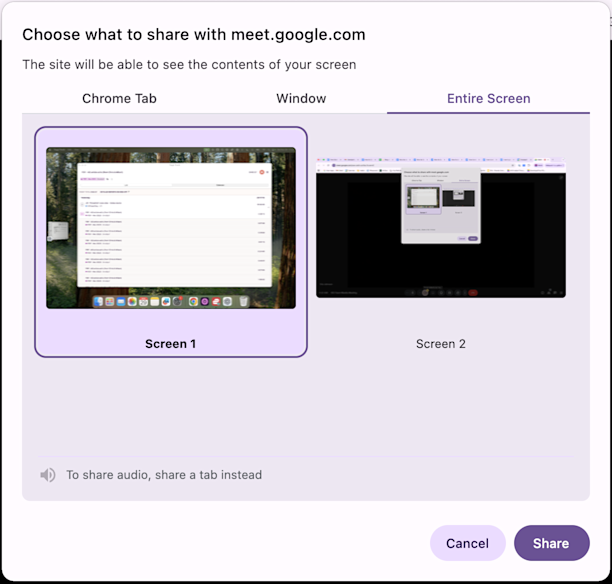 Choose to share Tab, Window, or Entire Screen