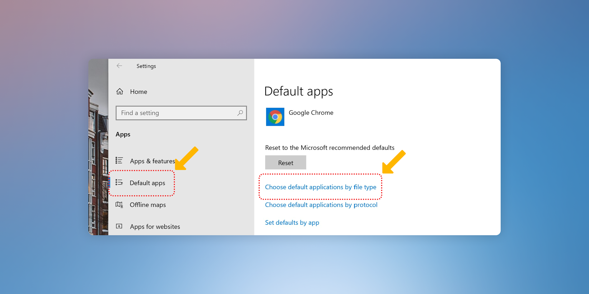 Screenshot demonstrating how to "Choose default applications by file type" in Windows.