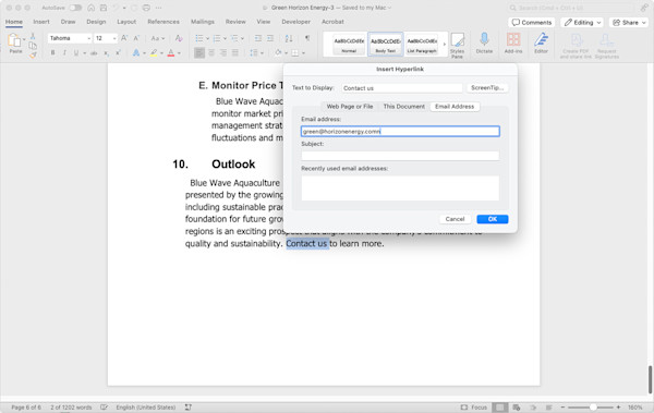 Adding an email hyperlink to text in Word