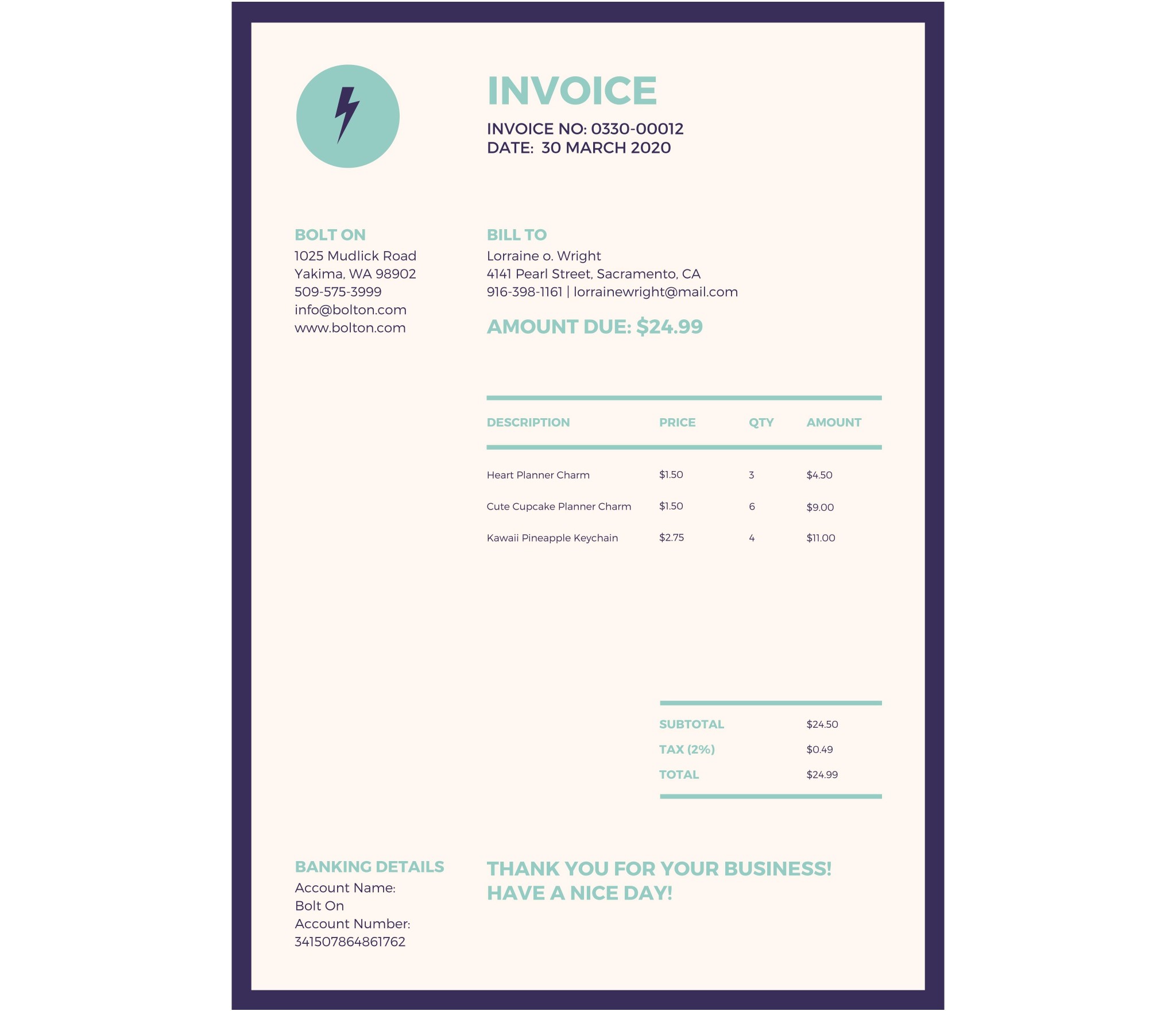 Dark Violet and Pale Teal Business Invoice Letterhead
