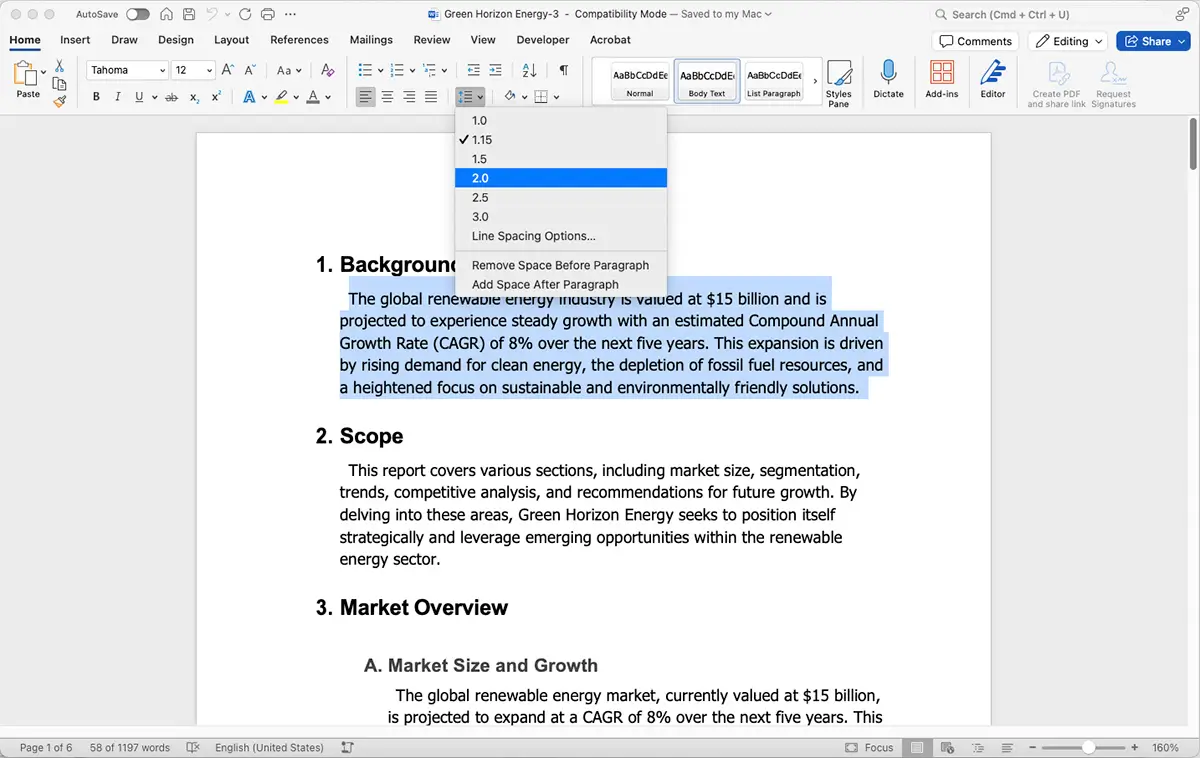 Adjust line spacing in Word