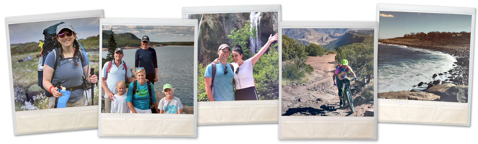 A pastiche of poloroid photos depicting team members in the outdoor environment — hiking, posing near a waterfall, mountain biking, and enjoying the ocean scenery