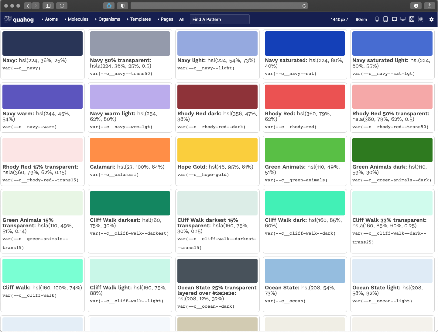 A grid of color swatches produced by the Pattern Lab design system documentation tool
