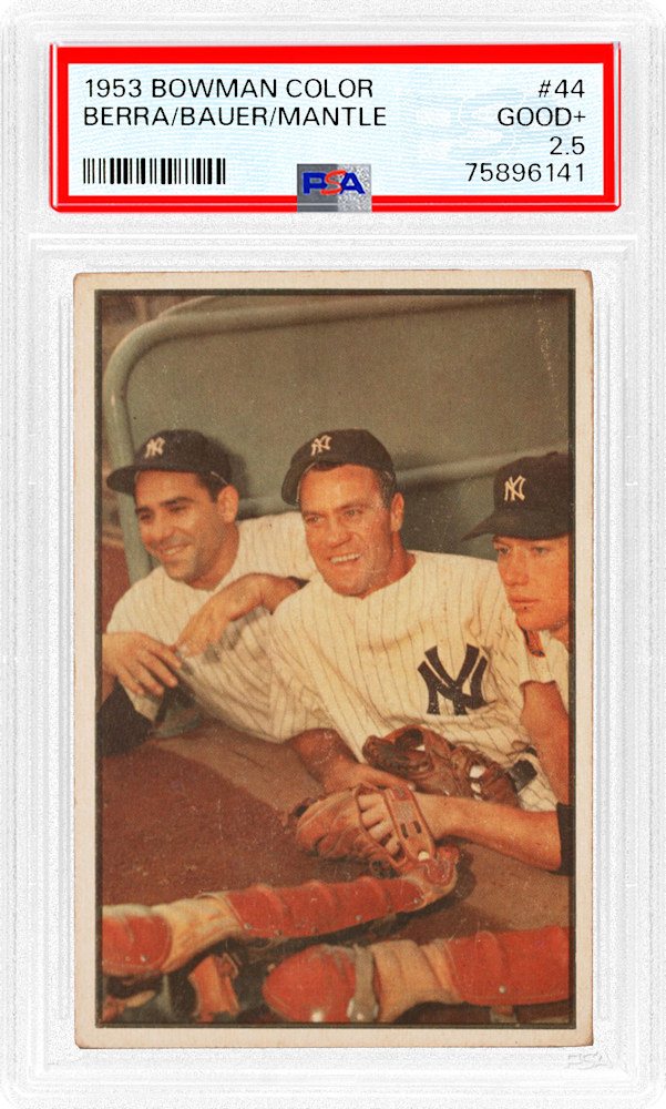 1953 Bowman Color Berra/Bauer/Mantle #44 PSA 2.5 Card with photo of Yogi Berra, Hank Bauer, Mickey Mantle
