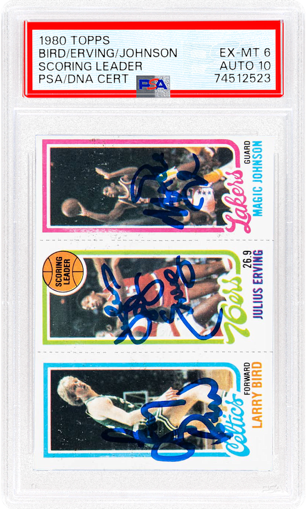 1980 Topps Bird/Erving/Johnson Scoring Leader PSA 6/AUTO 10