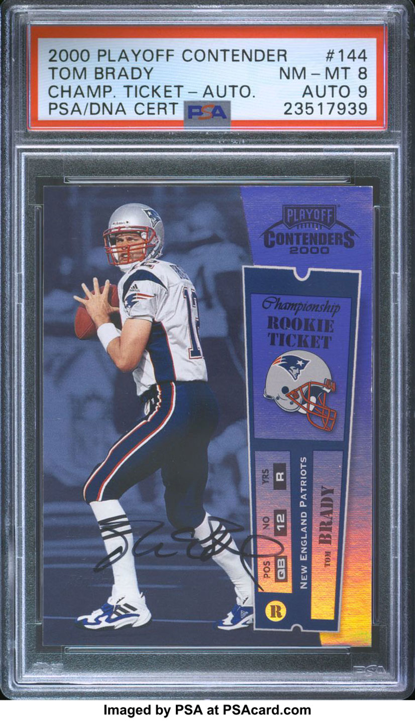 A new Tom Brady 2000 Playoff Contenders card up for bid at Lelands