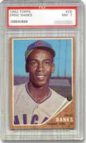 The 1968 Topps card depicts the enthusiastic Banks.