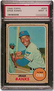 The 1968 Topps card depicts the enthusiastic Banks.