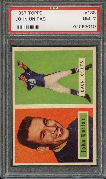 LOT #902: 1957 TOPPS 138 JOHN UNITAS PSA 7 in Sirius Sports Auctions' July 13, 2023 auction.