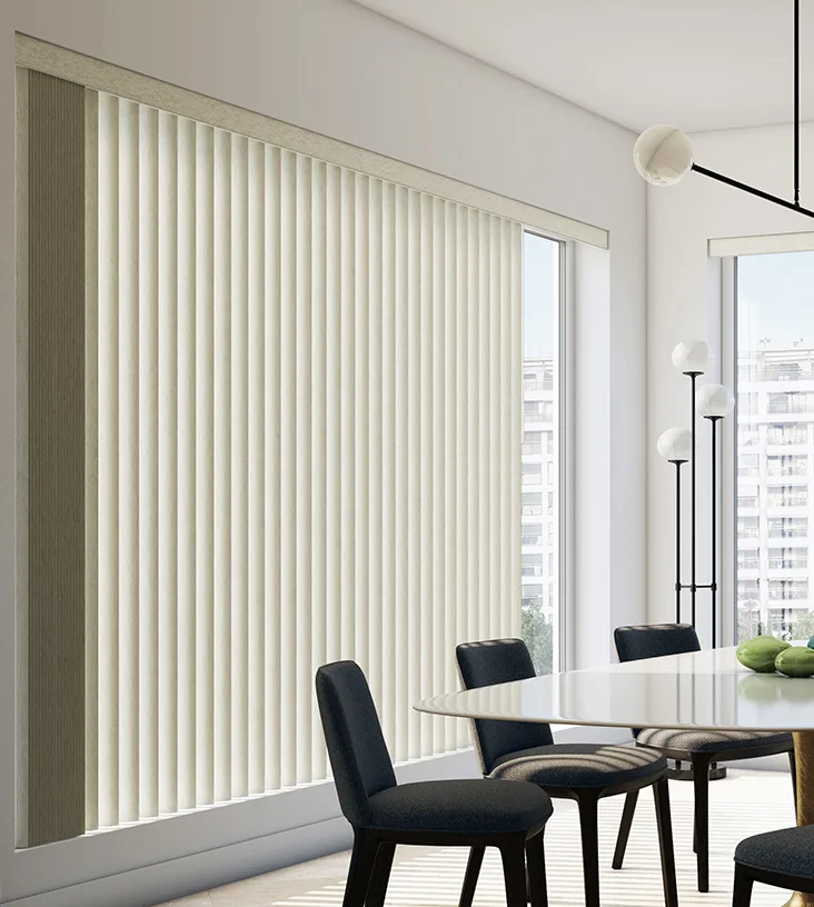 Vertical blinds featured in an office.