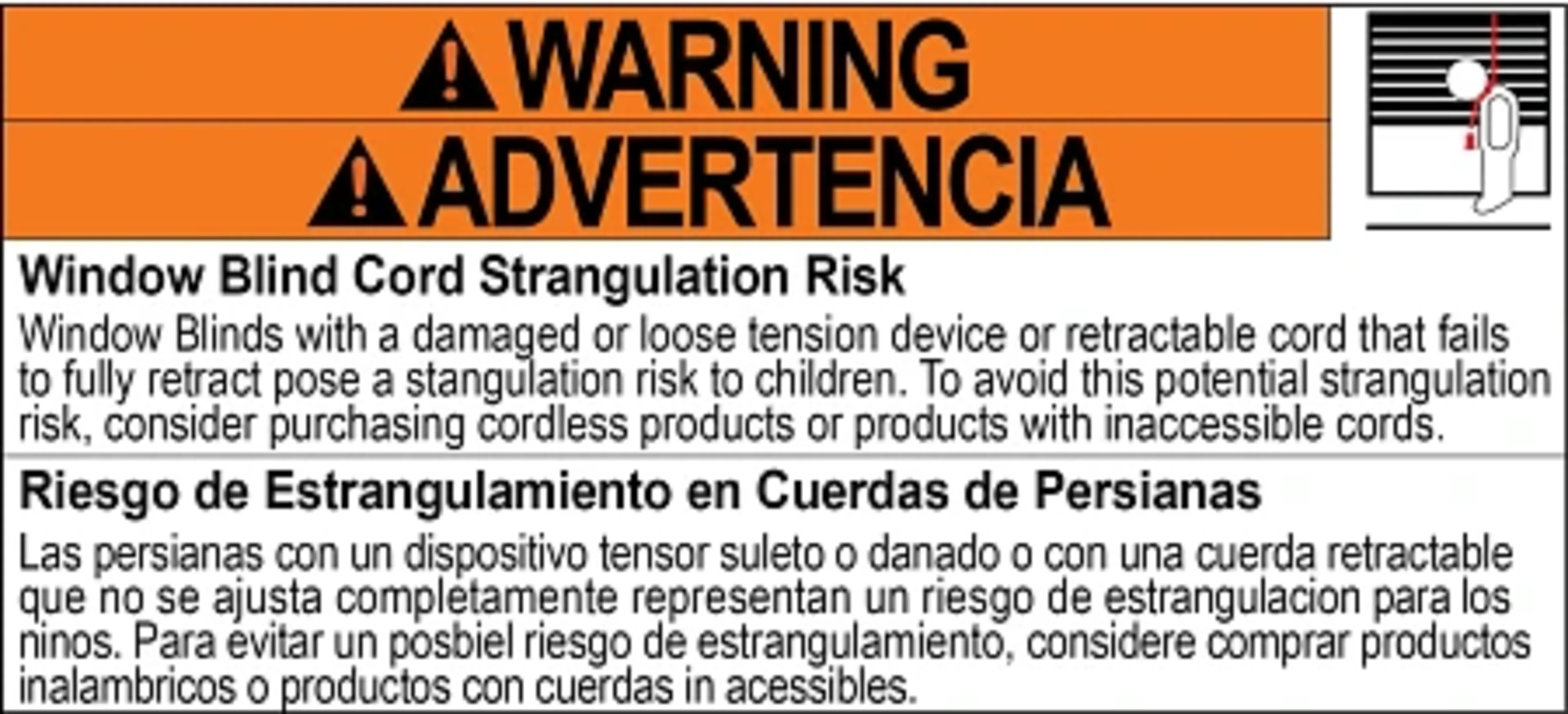 Window blinds and shades safety warning label in english and spanish.